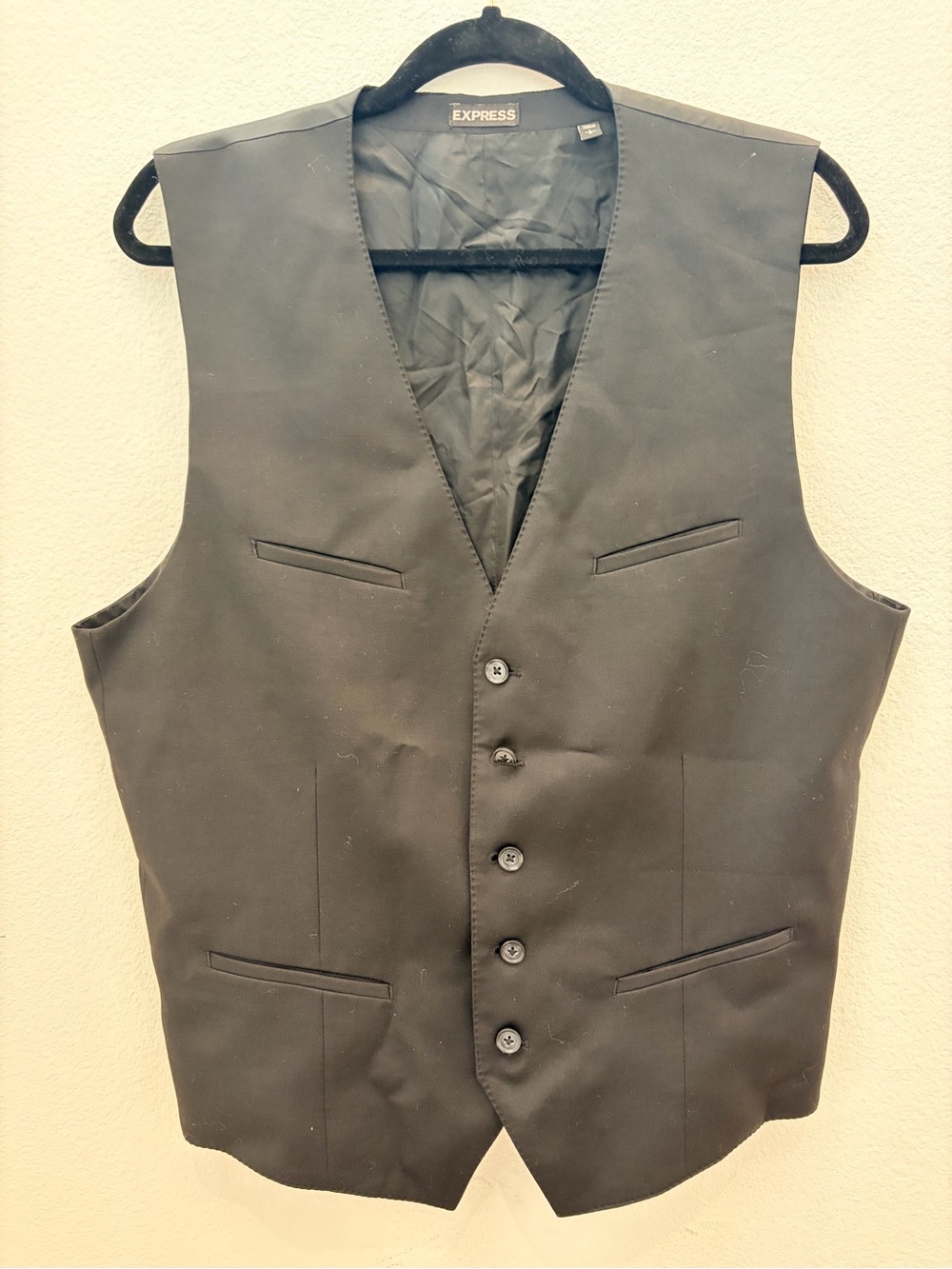 Express Mens Solid Black Suit Vest Waistcoat Size Large L 5 Button Formal #140